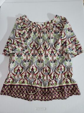 Trinity Women's Lg Cotton Silk Printed Peasant Top Cream & Multicolor Pattern